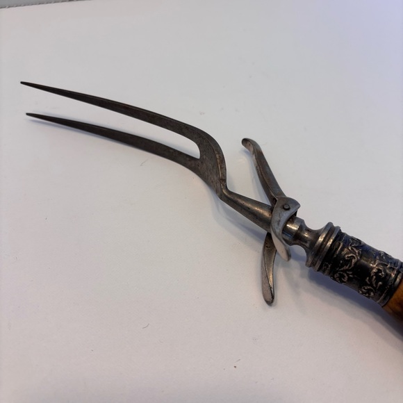 Antique Vintage Antler Handle Handle Carving Set w/ Silver Plated Ferrules Rare - Picture 7 of 14